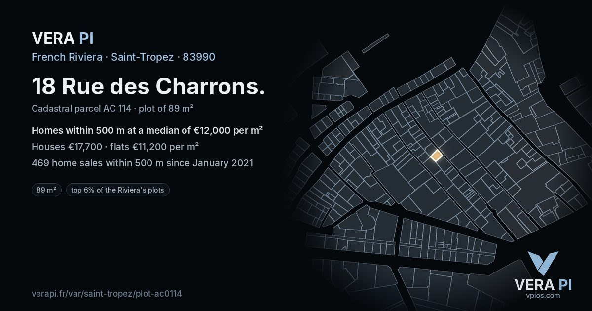 18 Rue des Charrons, Saint-Tropez at night – the plot lit, the parcels around coloured by the prices near them