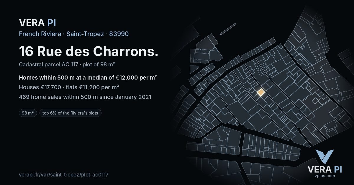 16 Rue des Charrons, Saint-Tropez at night – the plot lit, the parcels around coloured by the prices near them