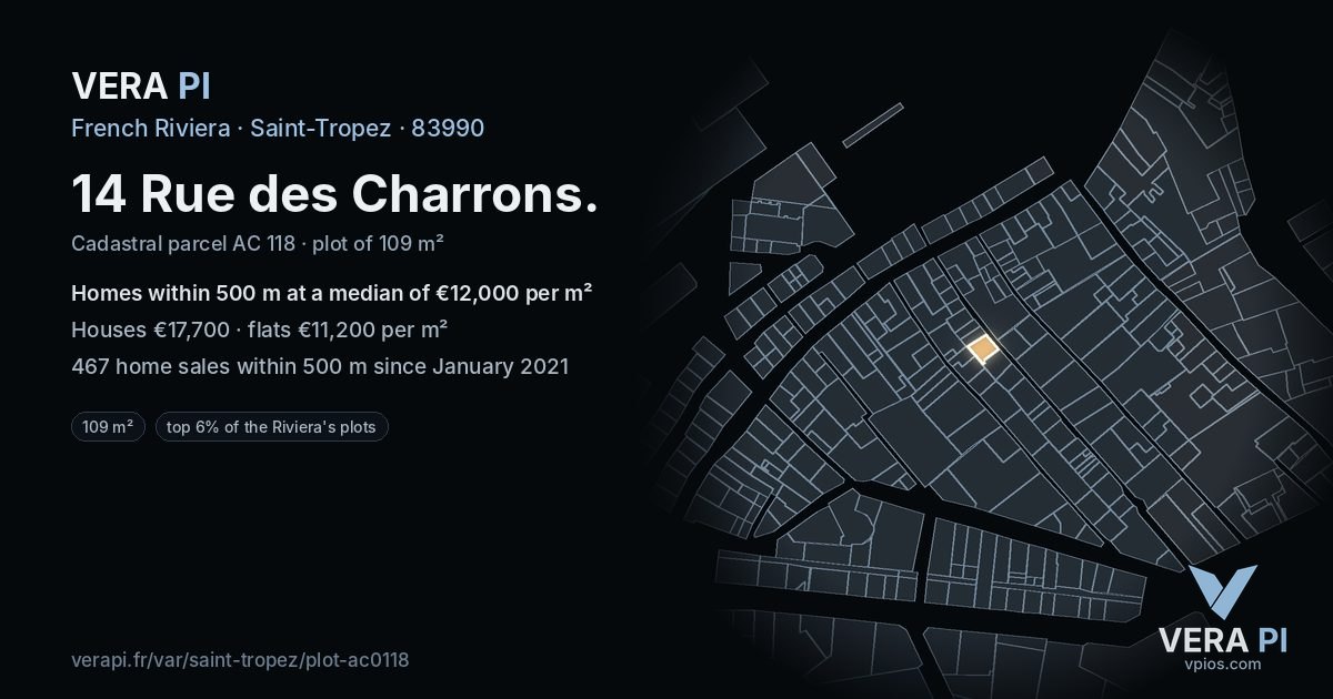 14 Rue des Charrons, Saint-Tropez at night – the plot lit, the parcels around coloured by the prices near them