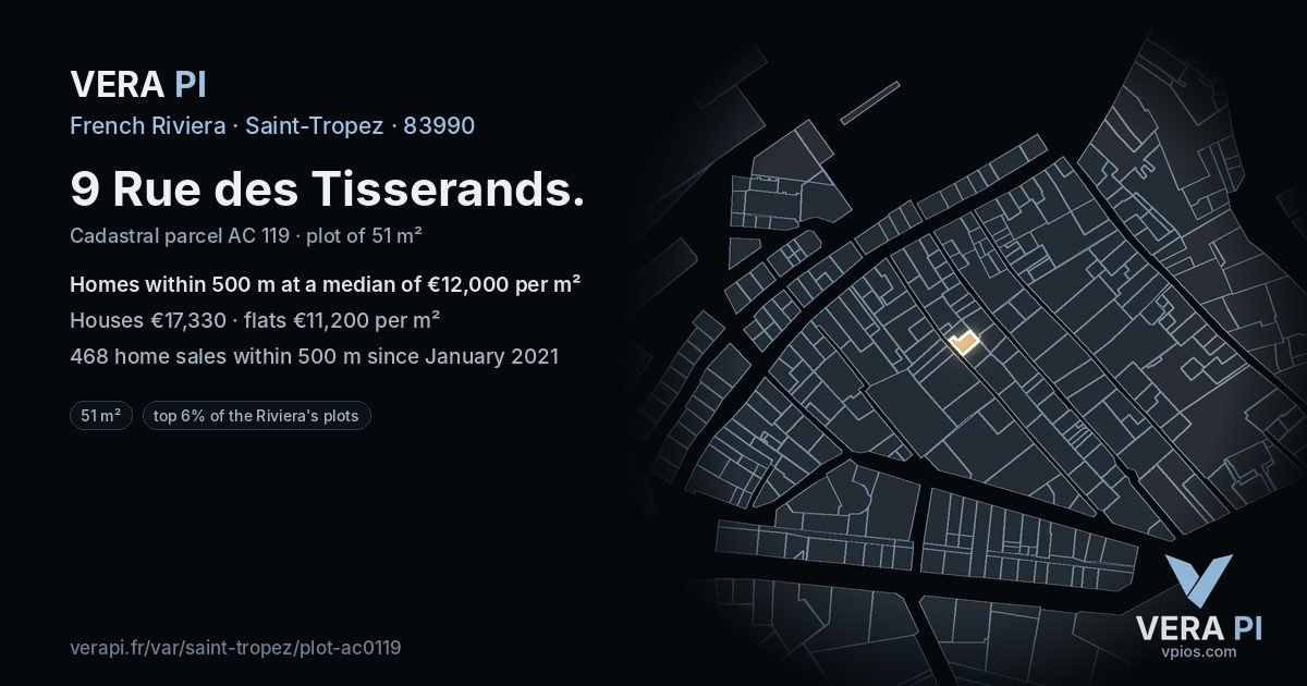 9 Rue des Tisserands, Saint-Tropez at night – the plot lit, the parcels around coloured by the prices near them