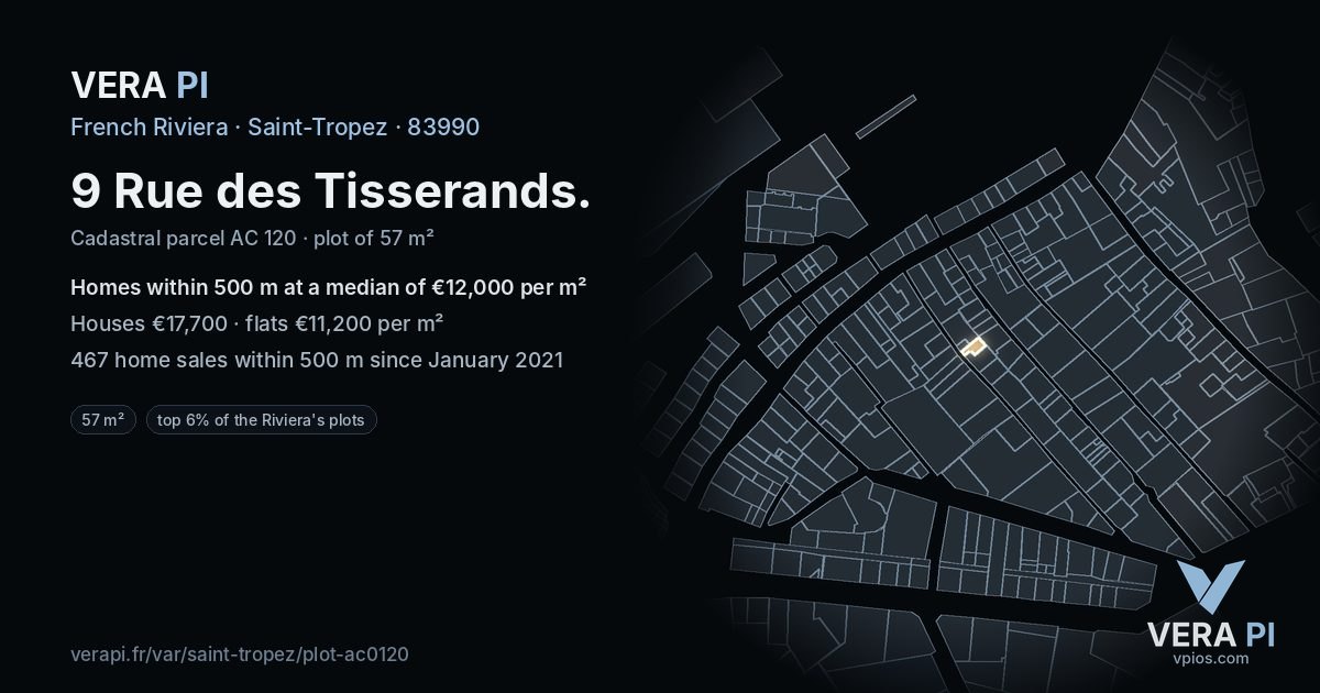 9 Rue des Tisserands, Saint-Tropez at night – the plot lit, the parcels around coloured by the prices near them