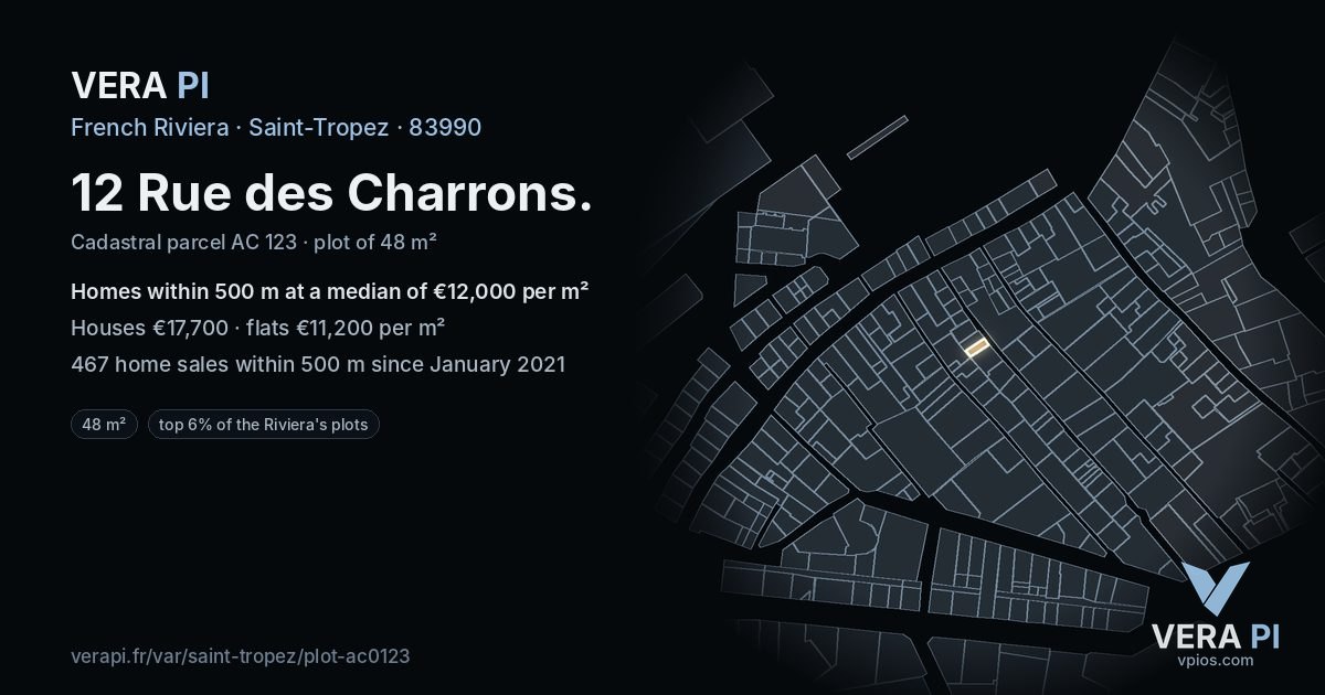 12 Rue des Charrons, Saint-Tropez at night – the plot lit, the parcels around coloured by the prices near them