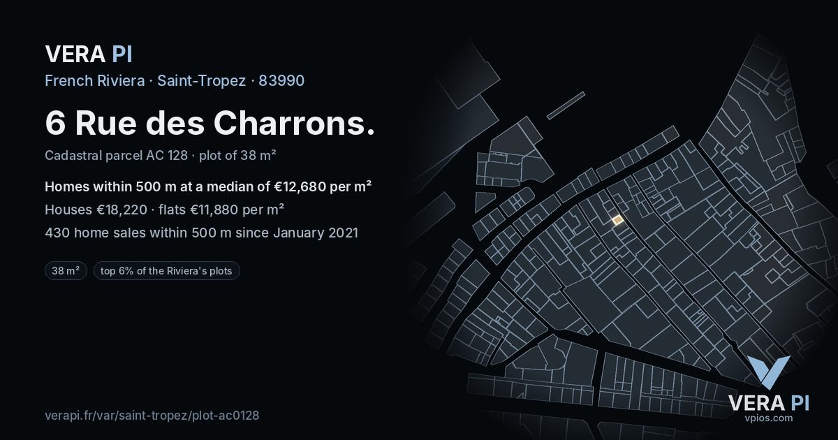 6 Rue des Charrons, Saint-Tropez at night – the plot lit, the parcels around coloured by the prices near them