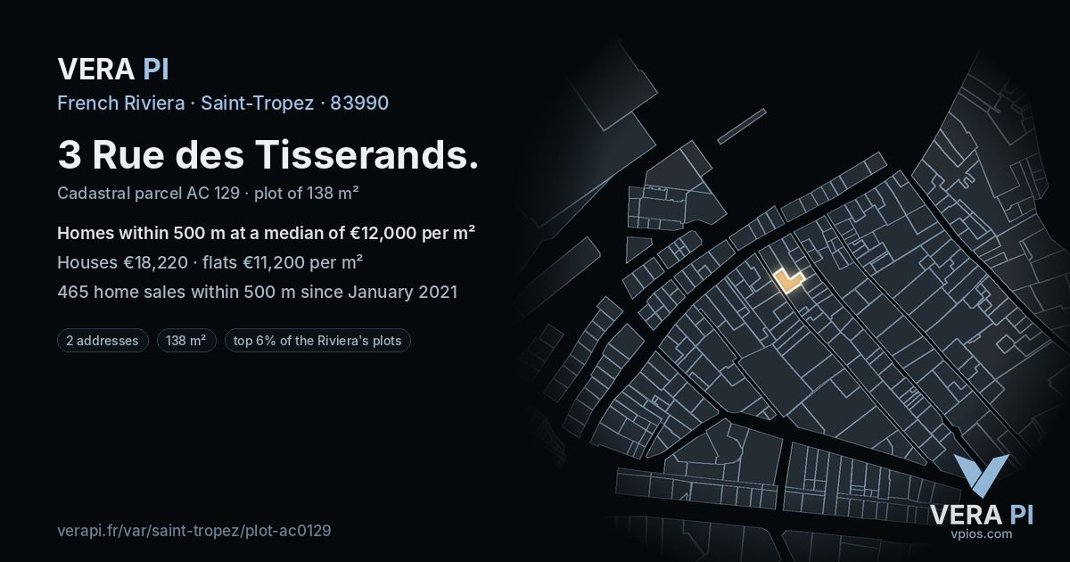 3 Rue des Tisserands, Saint-Tropez at night – the plot lit, the parcels around coloured by the prices near them