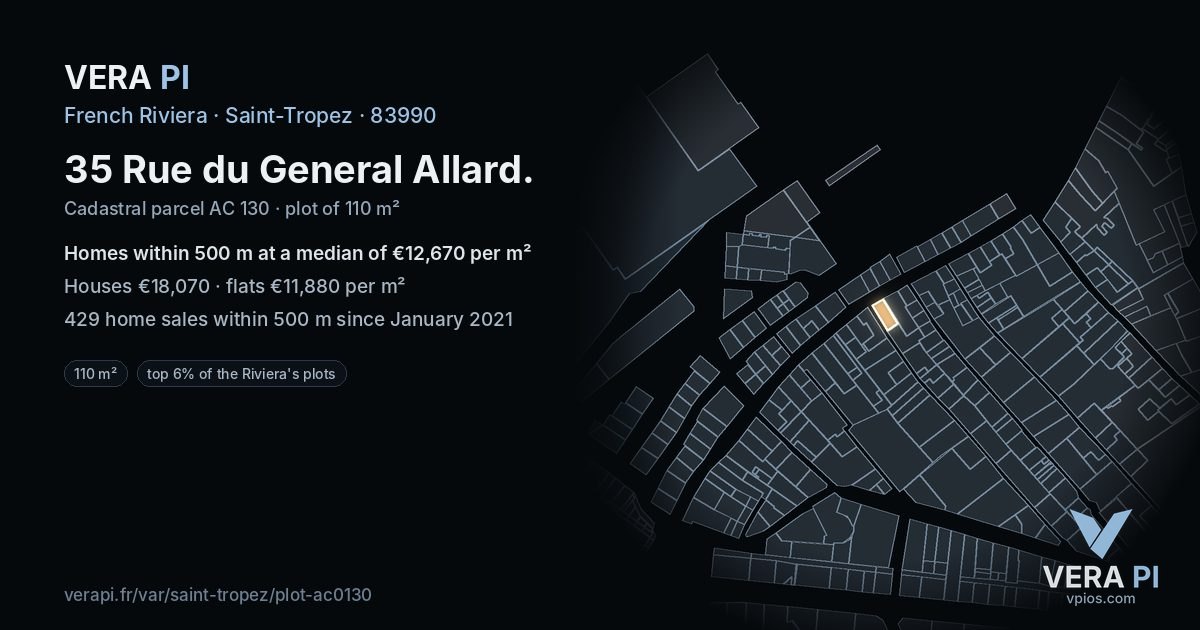 35 Rue du General Allard, Saint-Tropez at night – the plot lit, the parcels around coloured by the prices near them