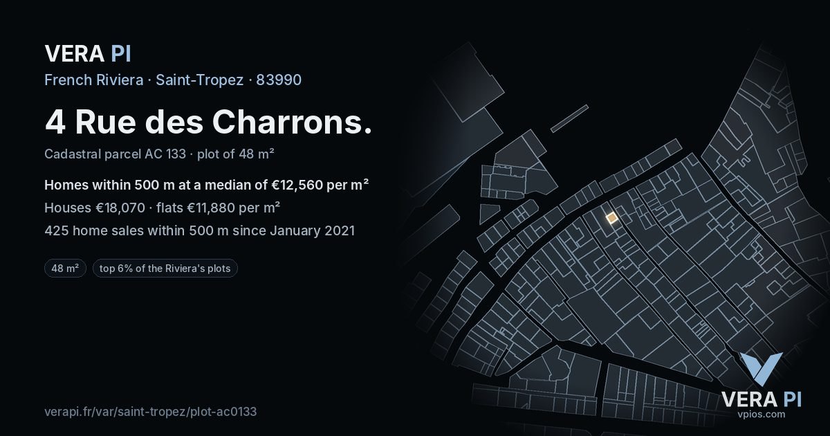 4 Rue des Charrons, Saint-Tropez at night – the plot lit, the parcels around coloured by the prices near them