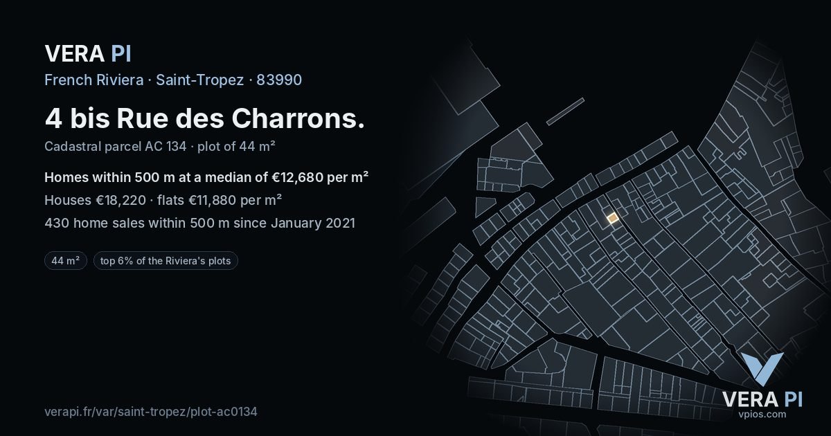 4 bis Rue des Charrons, Saint-Tropez at night – the plot lit, the parcels around coloured by the prices near them