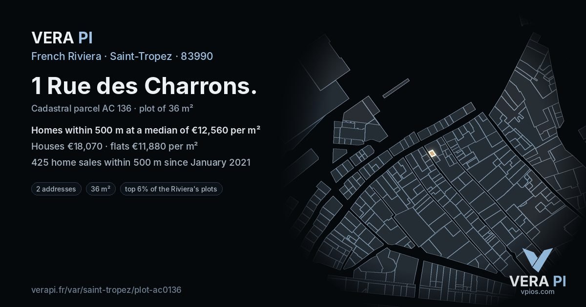 1 Rue des Charrons, Saint-Tropez at night – the plot lit, the parcels around coloured by the prices near them