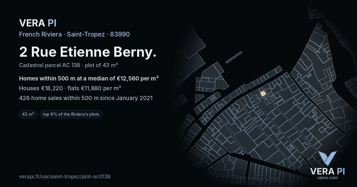 2 Rue Etienne Berny, Saint-Tropez at night – the plot lit, the parcels around coloured by the prices near them