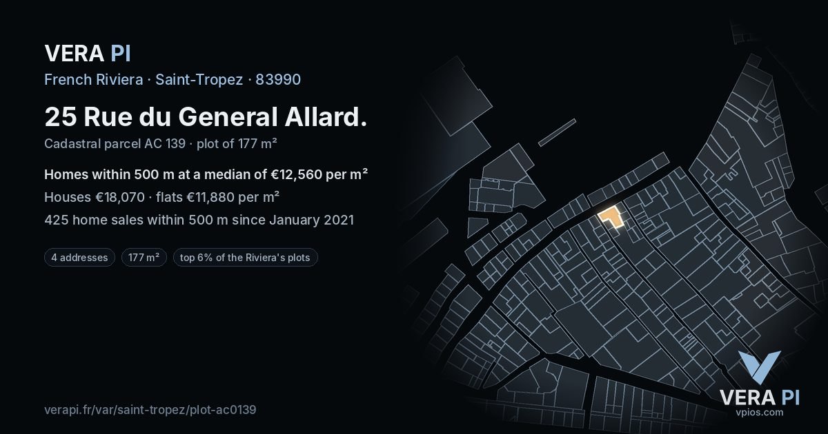 25 Rue du General Allard, Saint-Tropez at night – the plot lit, the parcels around coloured by the prices near them