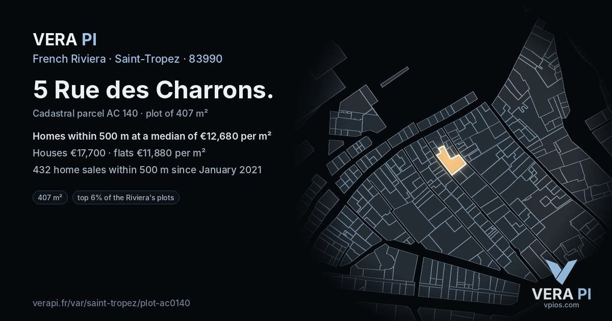 5 Rue des Charrons, Saint-Tropez at night – the plot lit, the parcels around coloured by the prices near them