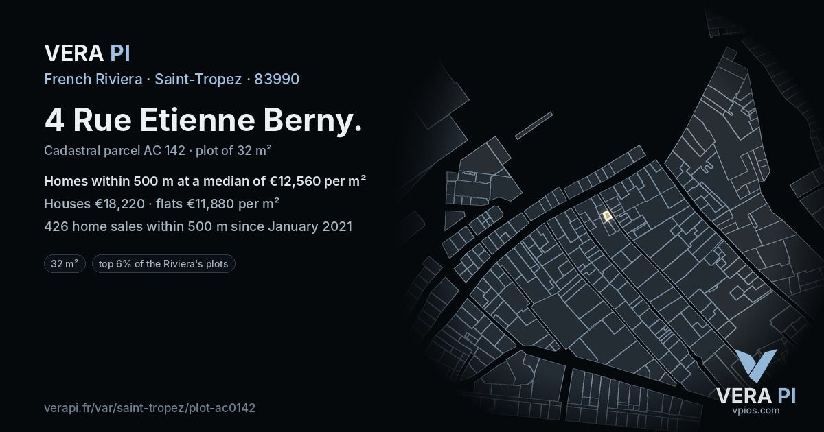 4 Rue Etienne Berny, Saint-Tropez at night – the plot lit, the parcels around coloured by the prices near them