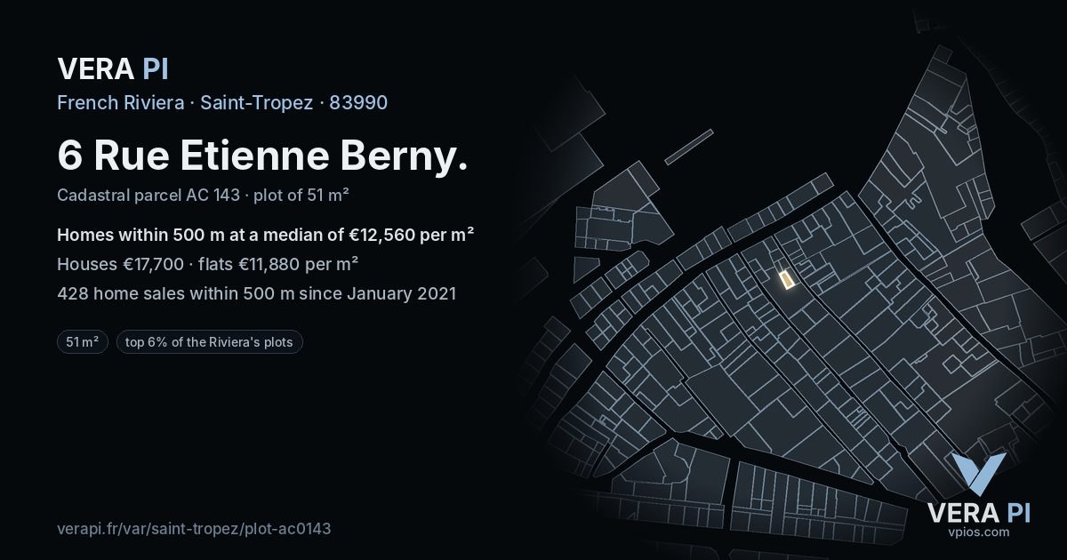 6 Rue Etienne Berny, Saint-Tropez at night – the plot lit, the parcels around coloured by the prices near them