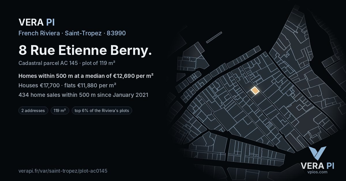 8 Rue Etienne Berny, Saint-Tropez at night – the plot lit, the parcels around coloured by the prices near them