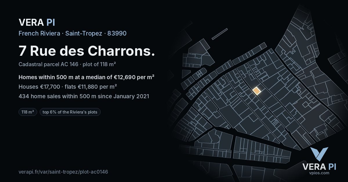 7 Rue des Charrons, Saint-Tropez at night – the plot lit, the parcels around coloured by the prices near them