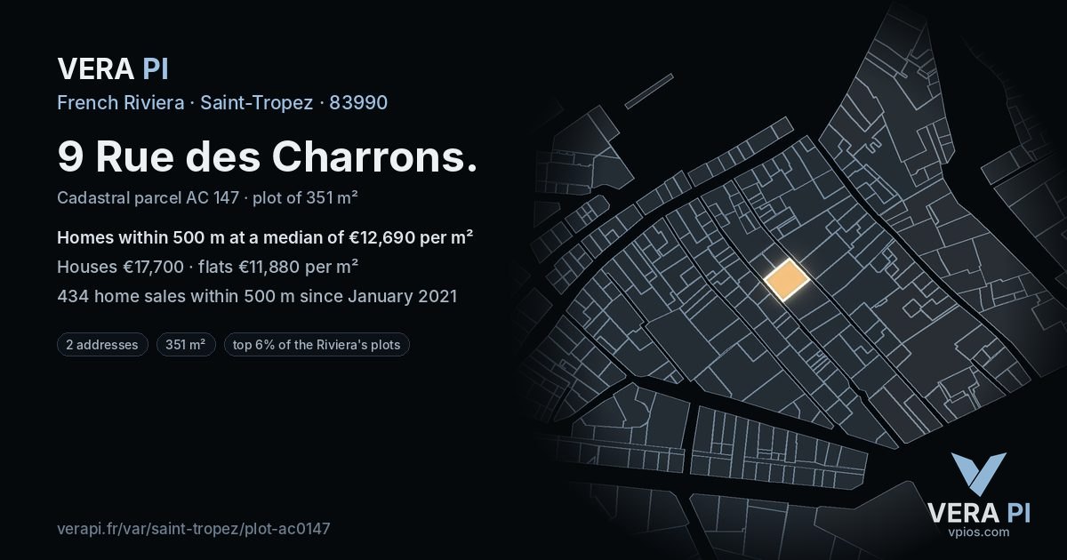 9 Rue des Charrons, Saint-Tropez at night – the plot lit, the parcels around coloured by the prices near them