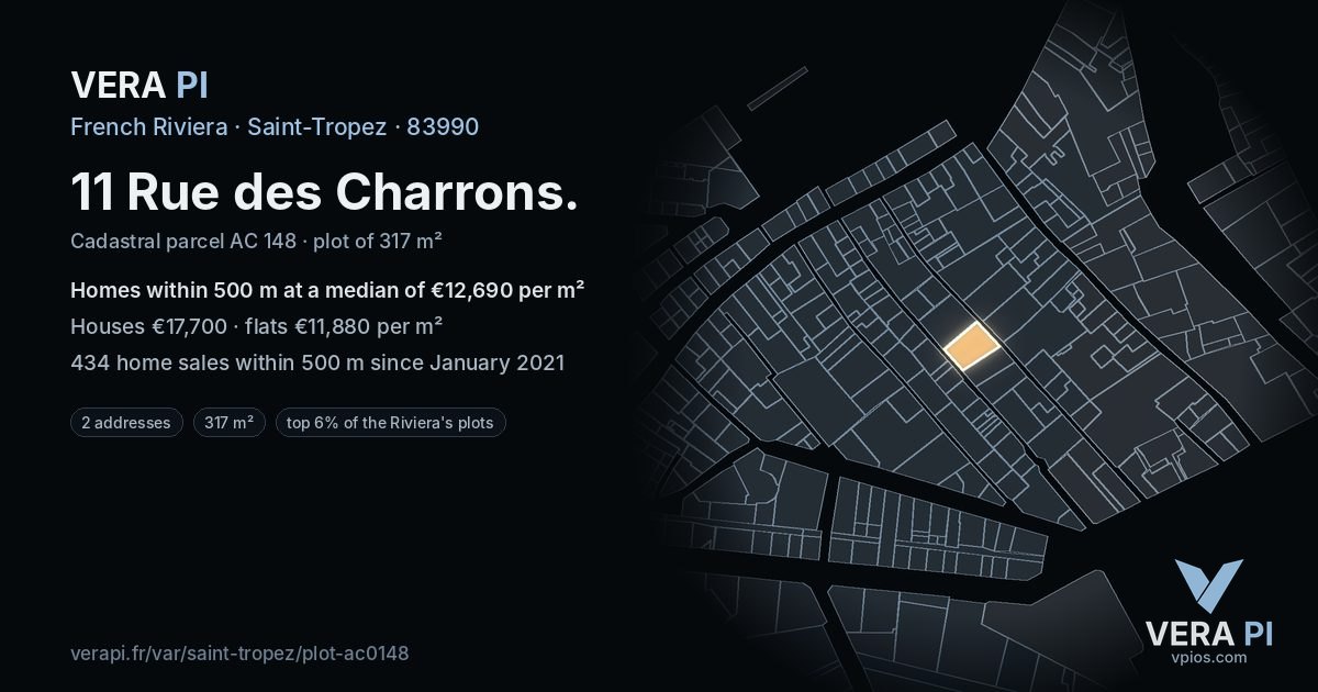 11 Rue des Charrons, Saint-Tropez at night – the plot lit, the parcels around coloured by the prices near them