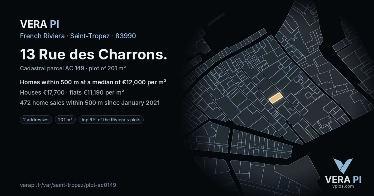 13 Rue des Charrons, Saint-Tropez at night – the plot lit, the parcels around coloured by the prices near them