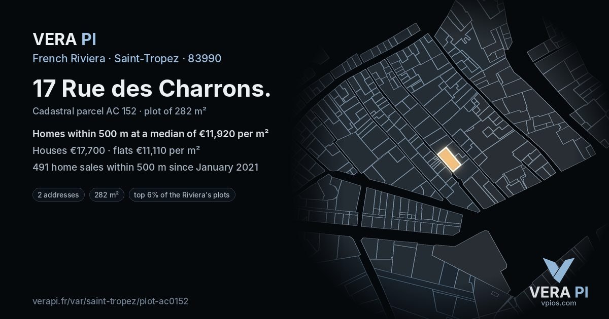 17 Rue des Charrons, Saint-Tropez at night – the plot lit, the parcels around coloured by the prices near them