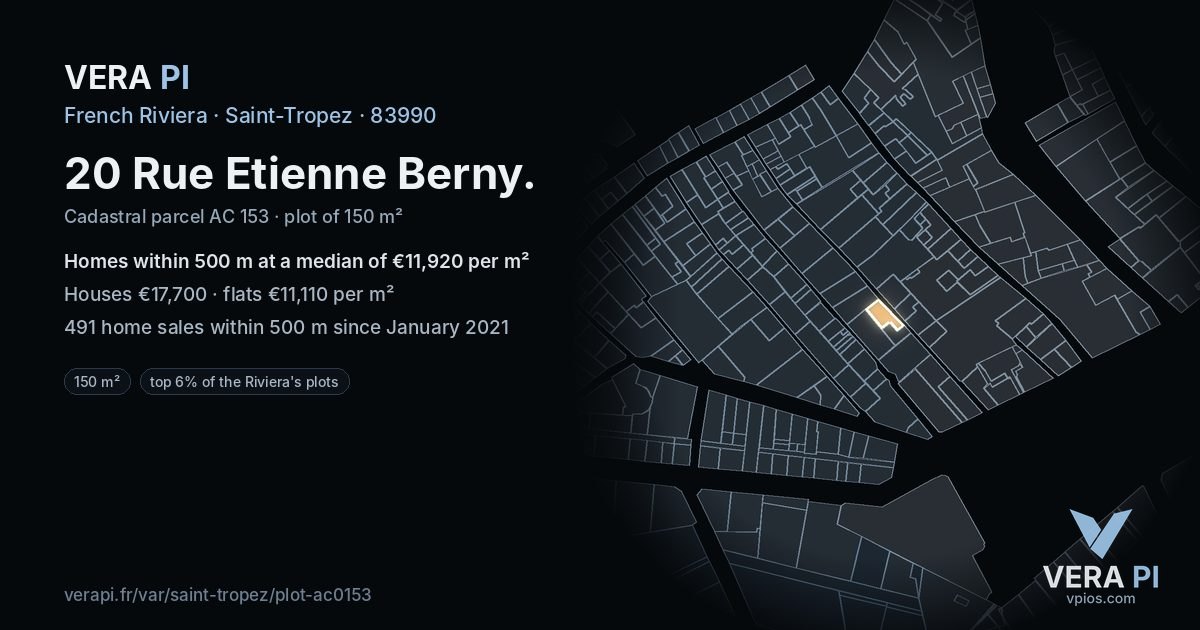 20 Rue Etienne Berny, Saint-Tropez at night – the plot lit, the parcels around coloured by the prices near them