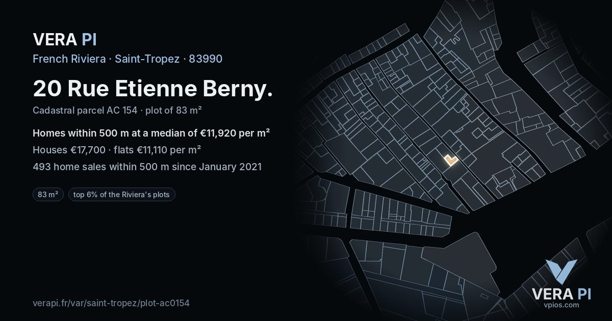 20 Rue Etienne Berny, Saint-Tropez at night – the plot lit, the parcels around coloured by the prices near them