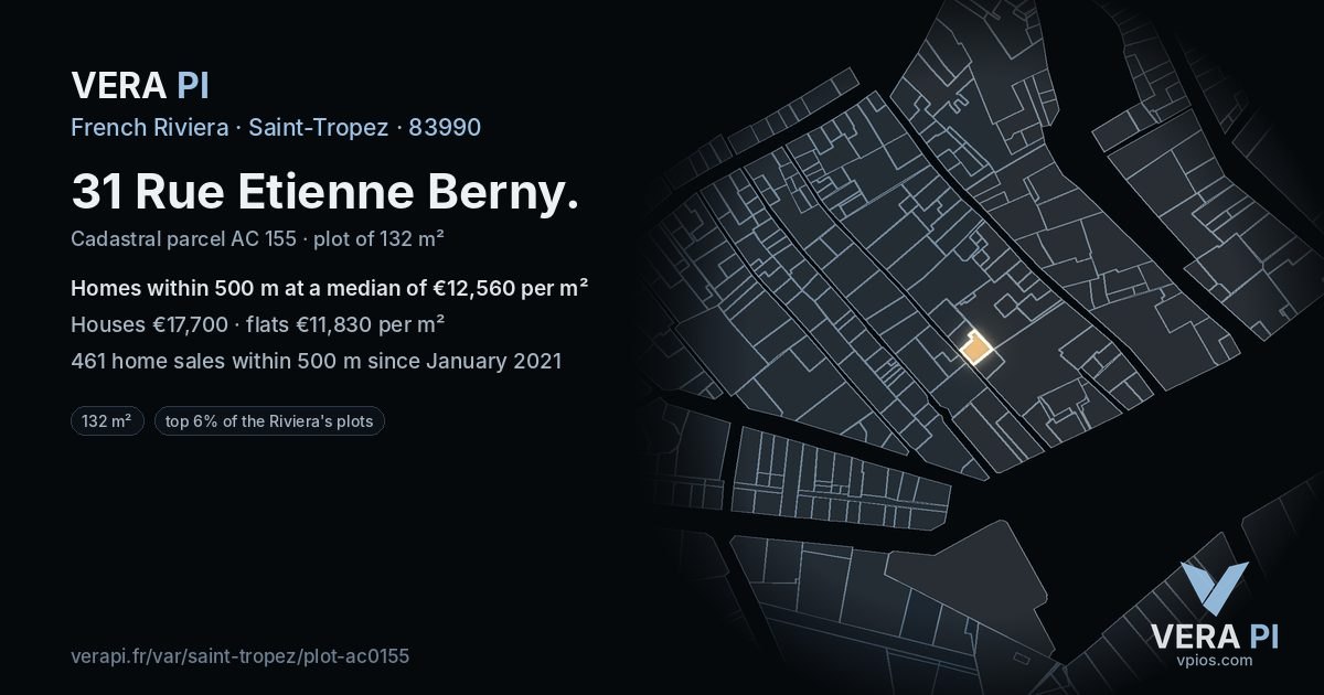 31 Rue Etienne Berny, Saint-Tropez at night – the plot lit, the parcels around coloured by the prices near them