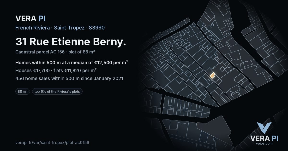 31 Rue Etienne Berny, Saint-Tropez at night – the plot lit, the parcels around coloured by the prices near them