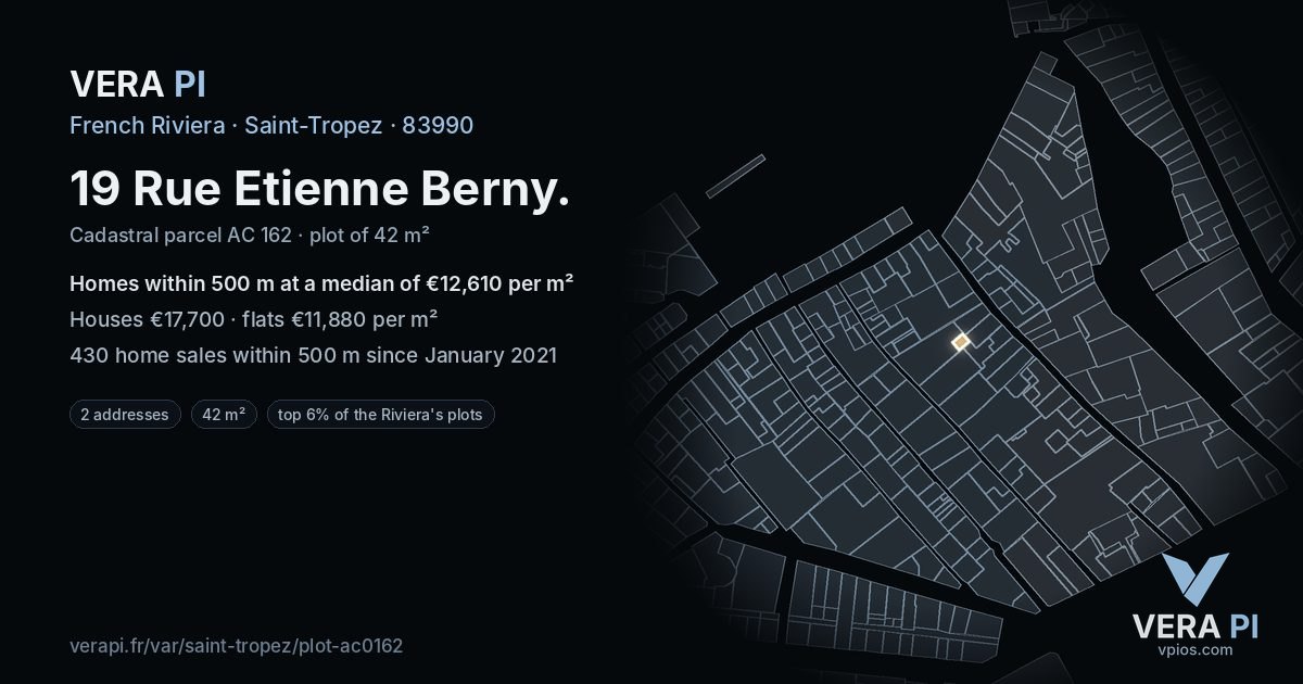 19 Rue Etienne Berny, Saint-Tropez at night – the plot lit, the parcels around coloured by the prices near them