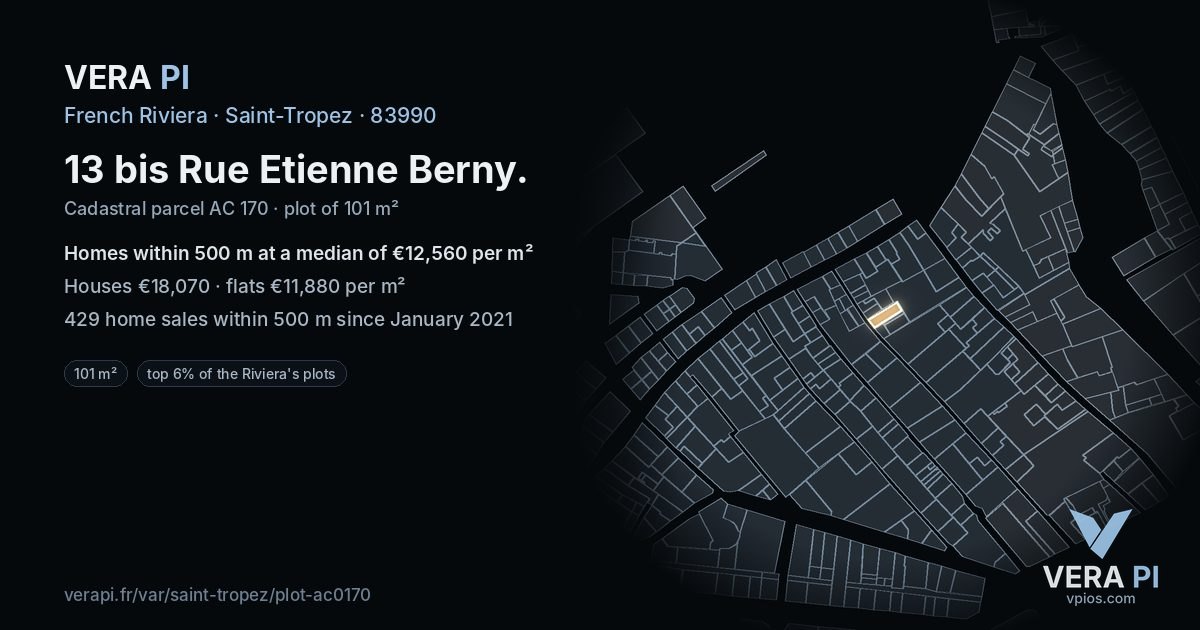 13 bis Rue Etienne Berny, Saint-Tropez at night – the plot lit, the parcels around coloured by the prices near them