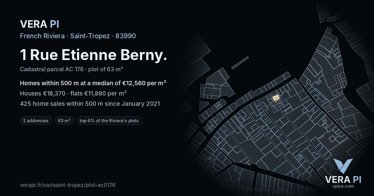 1 Rue Etienne Berny, Saint-Tropez at night – the plot lit, the parcels around coloured by the prices near them