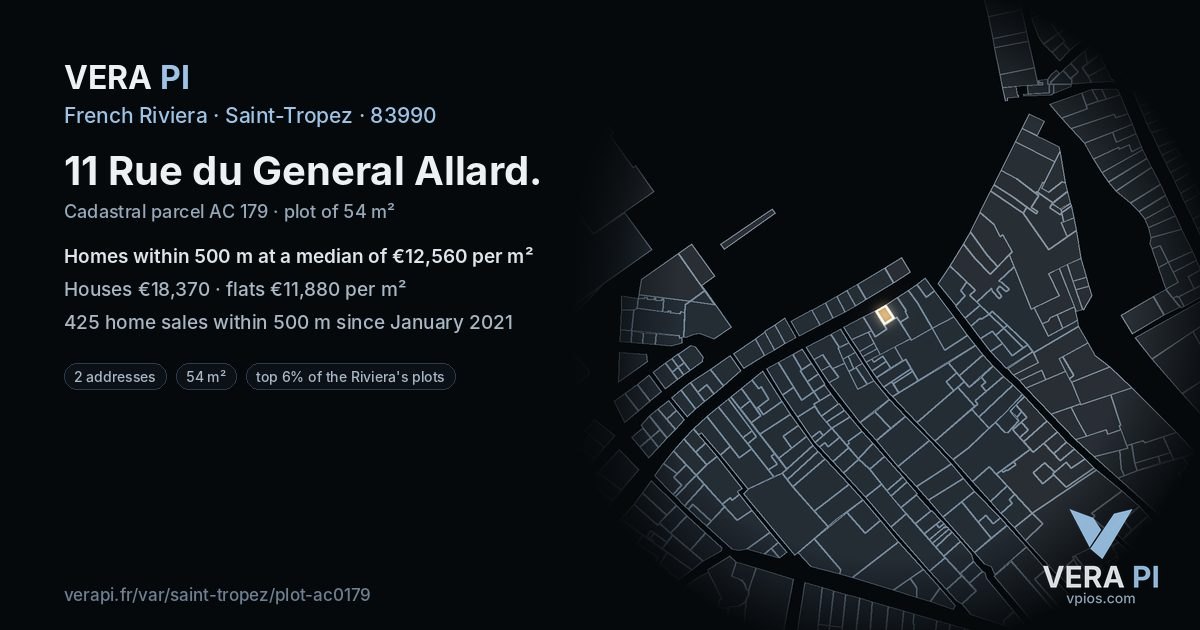 11 Rue du General Allard, Saint-Tropez at night – the plot lit, the parcels around coloured by the prices near them