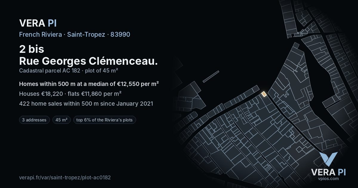 2 bis Rue Georges Clémenceau, Saint-Tropez at night – the plot lit, the parcels around coloured by the prices near them