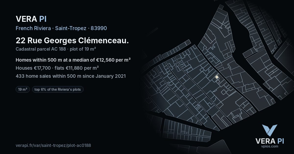 22 Rue Georges Clémenceau, Saint-Tropez at night – the plot lit, the parcels around coloured by the prices near them