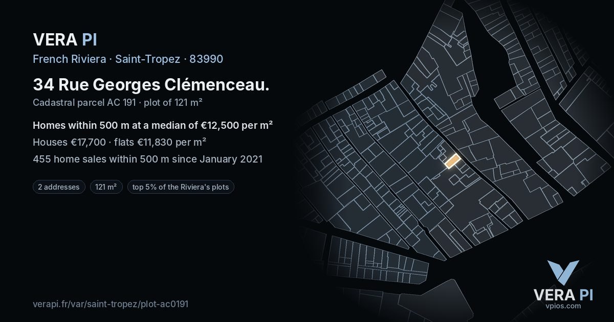 34 Rue Georges Clémenceau, Saint-Tropez at night – the plot lit, the parcels around coloured by the prices near them