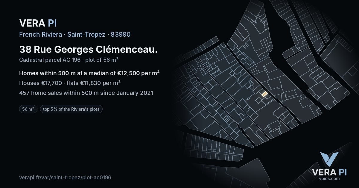 38 Rue Georges Clémenceau, Saint-Tropez at night – the plot lit, the parcels around coloured by the prices near them
