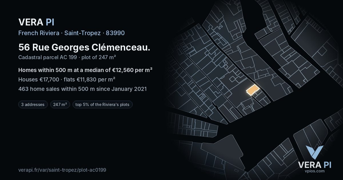 56 Rue Georges Clémenceau, Saint-Tropez at night – the plot lit, the parcels around coloured by the prices near them