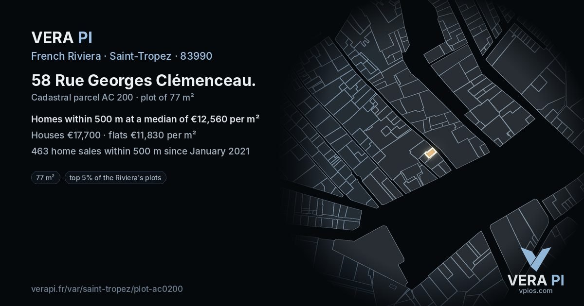 58 Rue Georges Clémenceau, Saint-Tropez at night – the plot lit, the parcels around coloured by the prices near them