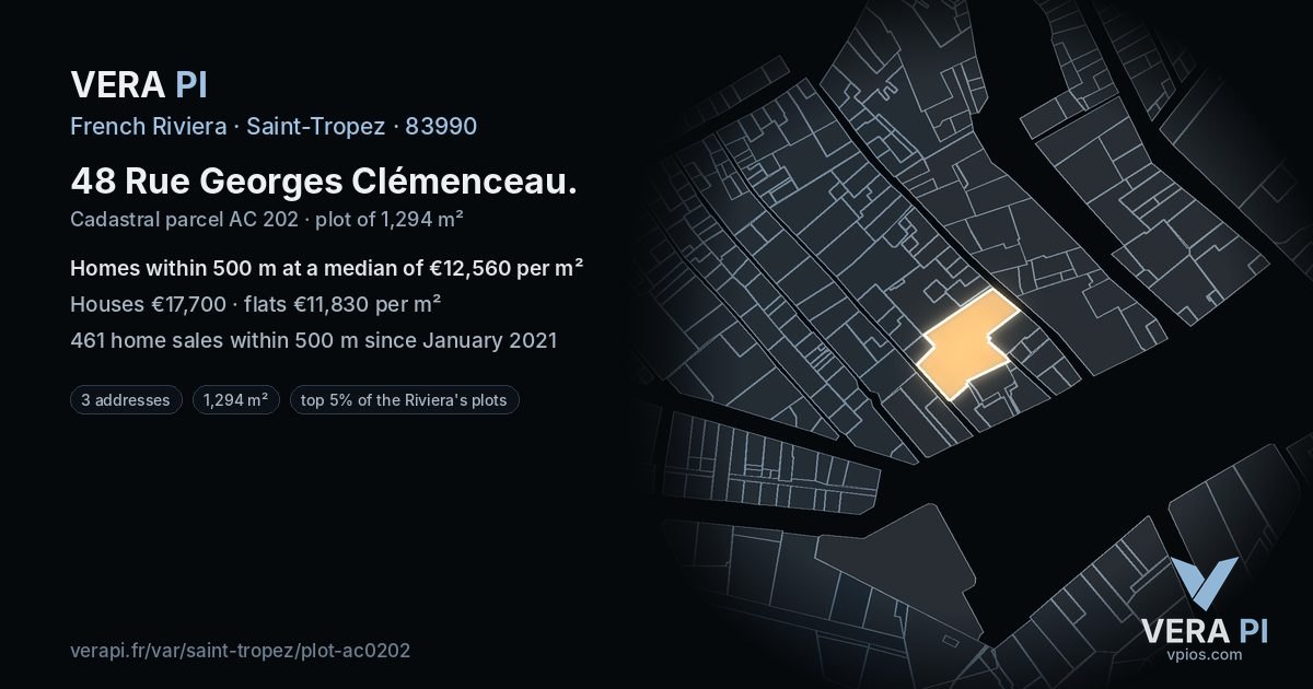 48 Rue Georges Clémenceau, Saint-Tropez at night – the plot lit, the parcels around coloured by the prices near them