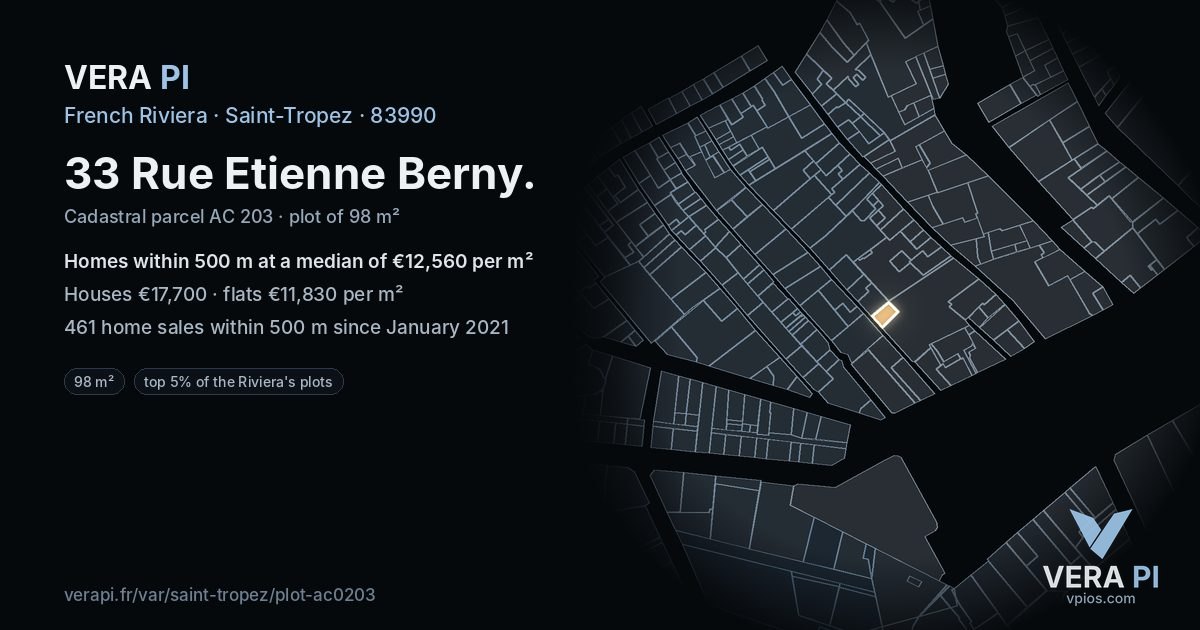 33 Rue Etienne Berny, Saint-Tropez at night – the plot lit, the parcels around coloured by the prices near them