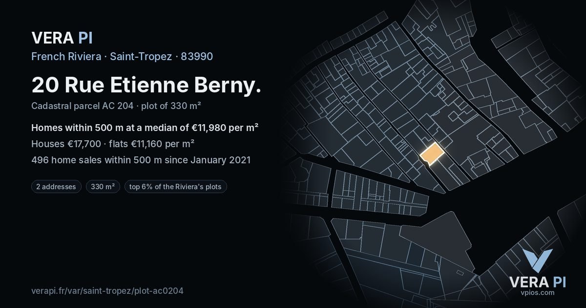 20 Rue Etienne Berny, Saint-Tropez at night – the plot lit, the parcels around coloured by the prices near them