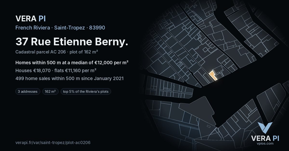 37 Rue Etienne Berny, Saint-Tropez at night – the plot lit, the parcels around coloured by the prices near them