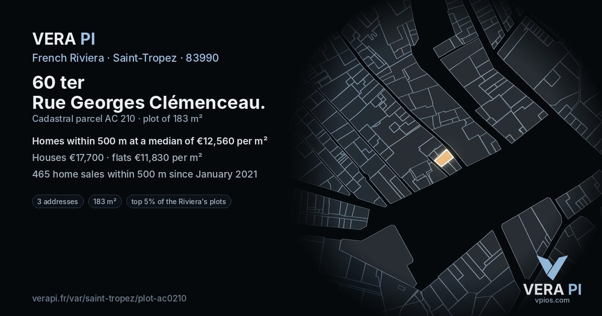 60 ter Rue Georges Clémenceau, Saint-Tropez at night – the plot lit, the parcels around coloured by the prices near them