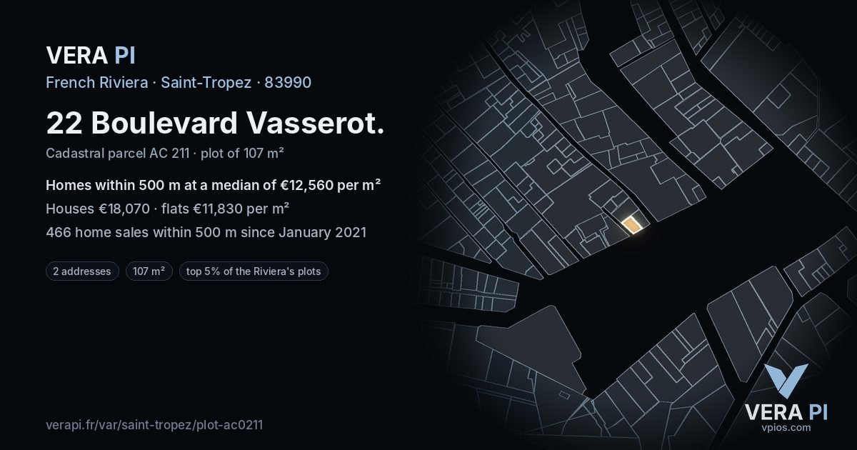 22 Boulevard Vasserot, Saint-Tropez at night – the plot lit, the parcels around coloured by the prices near them