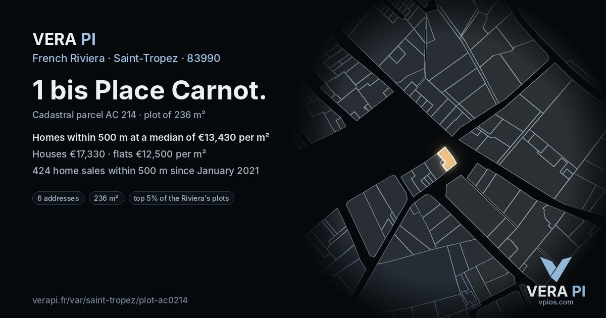 1 bis Place Carnot, Saint-Tropez at night – the plot lit, the parcels around coloured by the prices near them