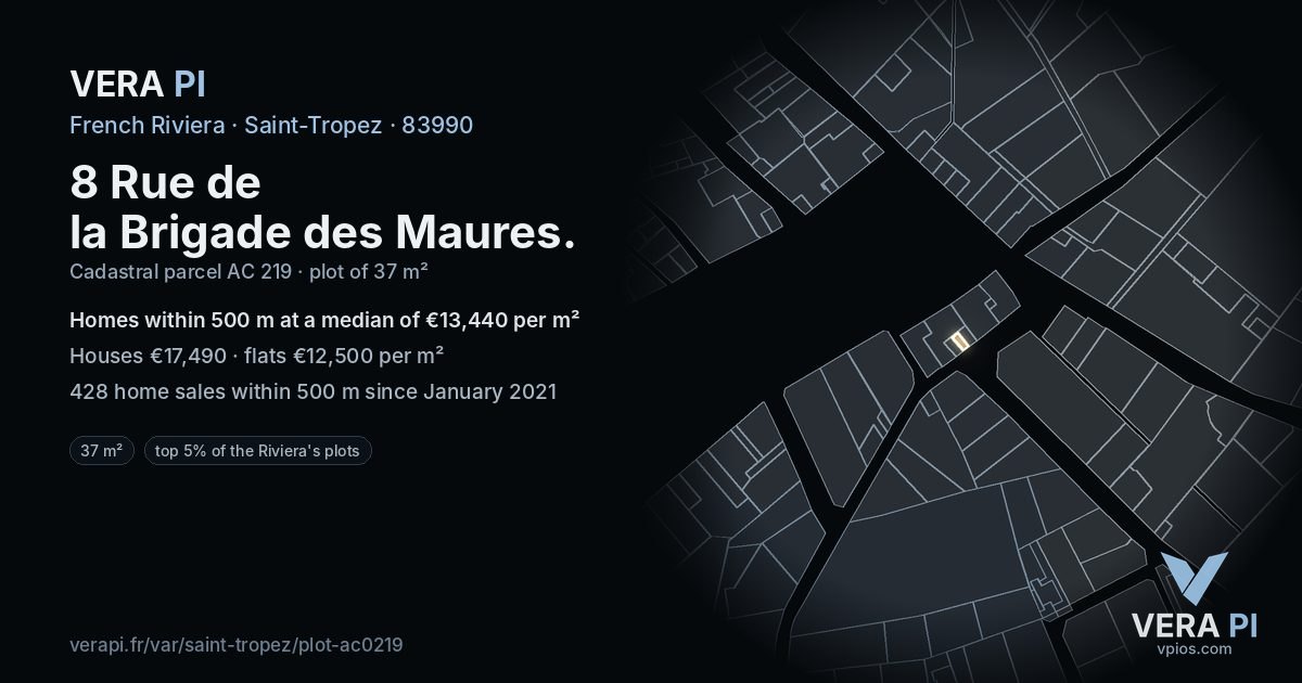8 Rue de la Brigade des Maures, Saint-Tropez at night – the plot lit, the parcels around coloured by the prices near them