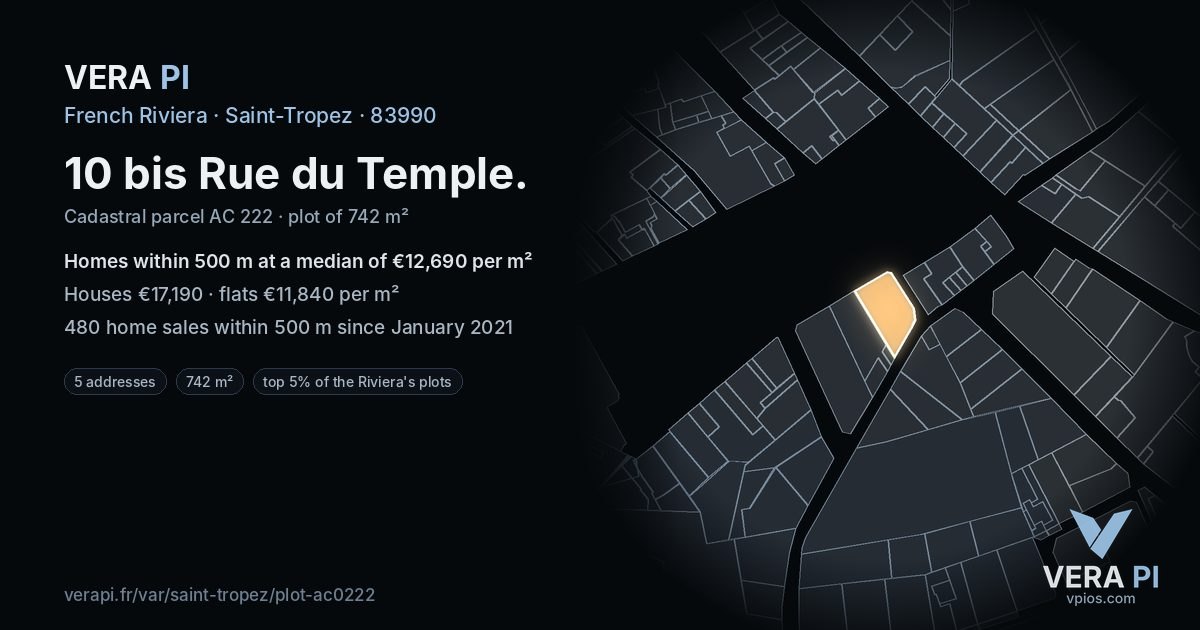 10 bis Rue du Temple, Saint-Tropez at night – the plot lit, the parcels around coloured by the prices near them