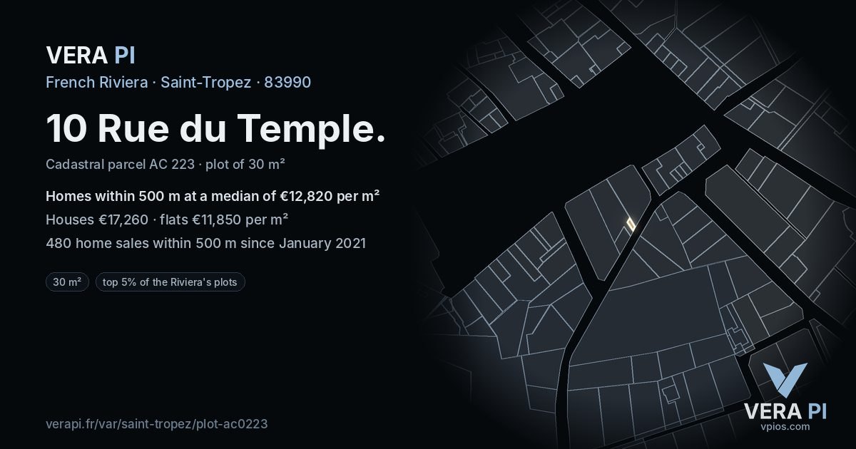 10 Rue du Temple, Saint-Tropez at night – the plot lit, the parcels around coloured by the prices near them