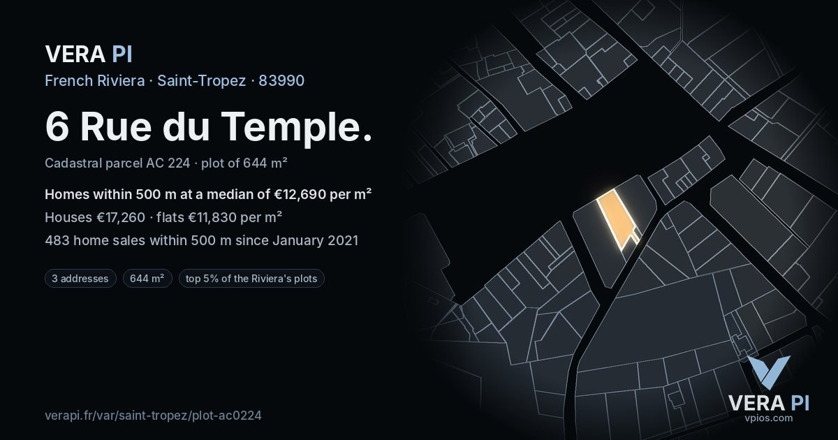 6 Rue du Temple, Saint-Tropez at night – the plot lit, the parcels around coloured by the prices near them