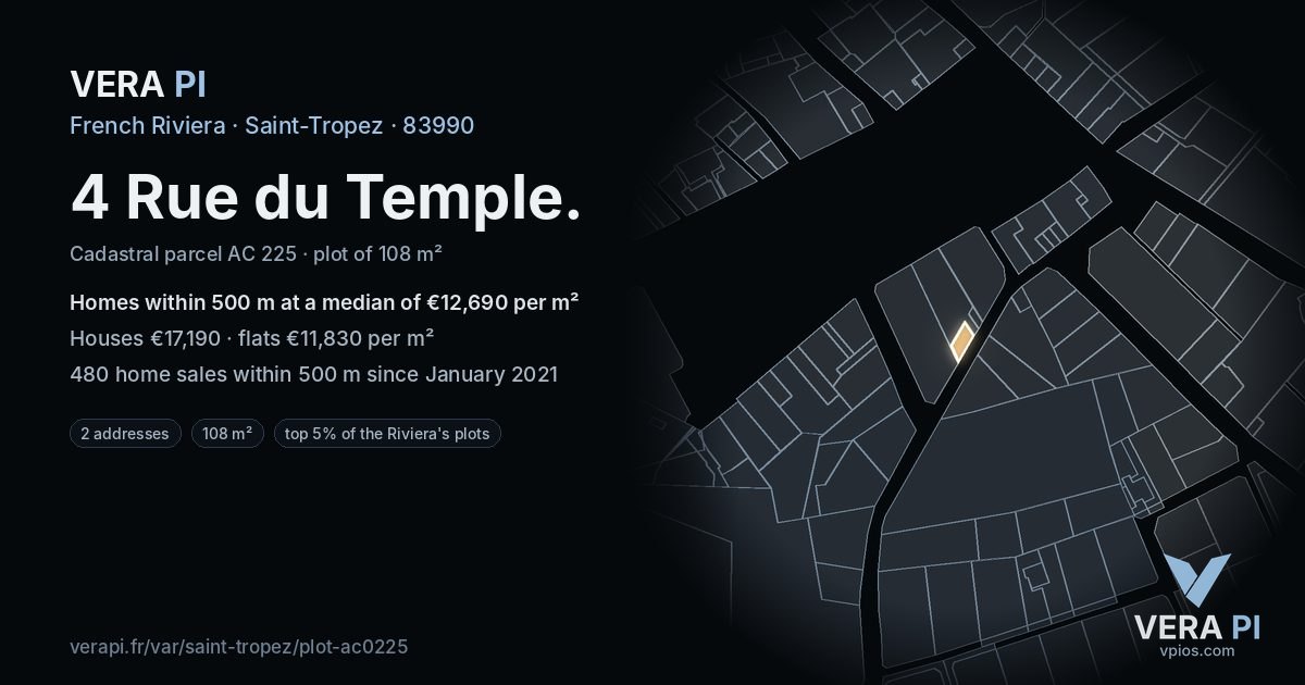 4 Rue du Temple, Saint-Tropez at night – the plot lit, the parcels around coloured by the prices near them