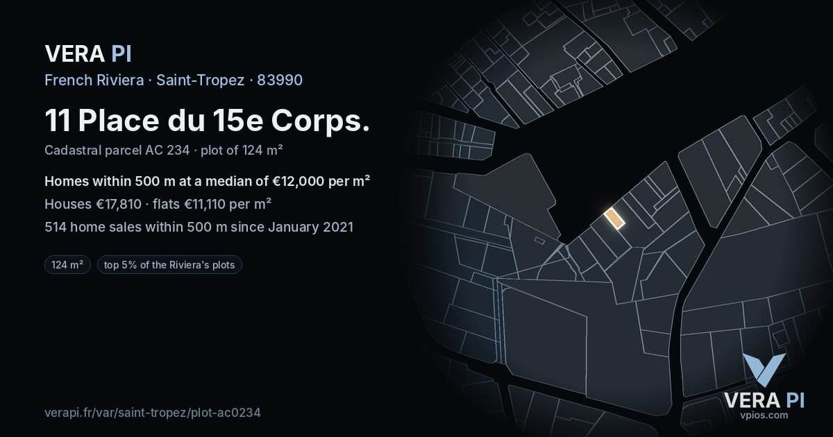 11 Place du 15e Corps, Saint-Tropez at night – the plot lit, the parcels around coloured by the prices near them
